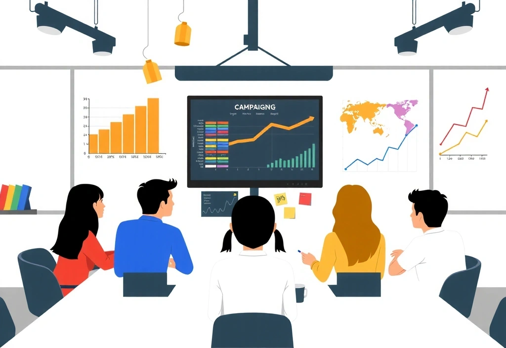 Marketing strategy planning session with data analysis and campaign roadmaps