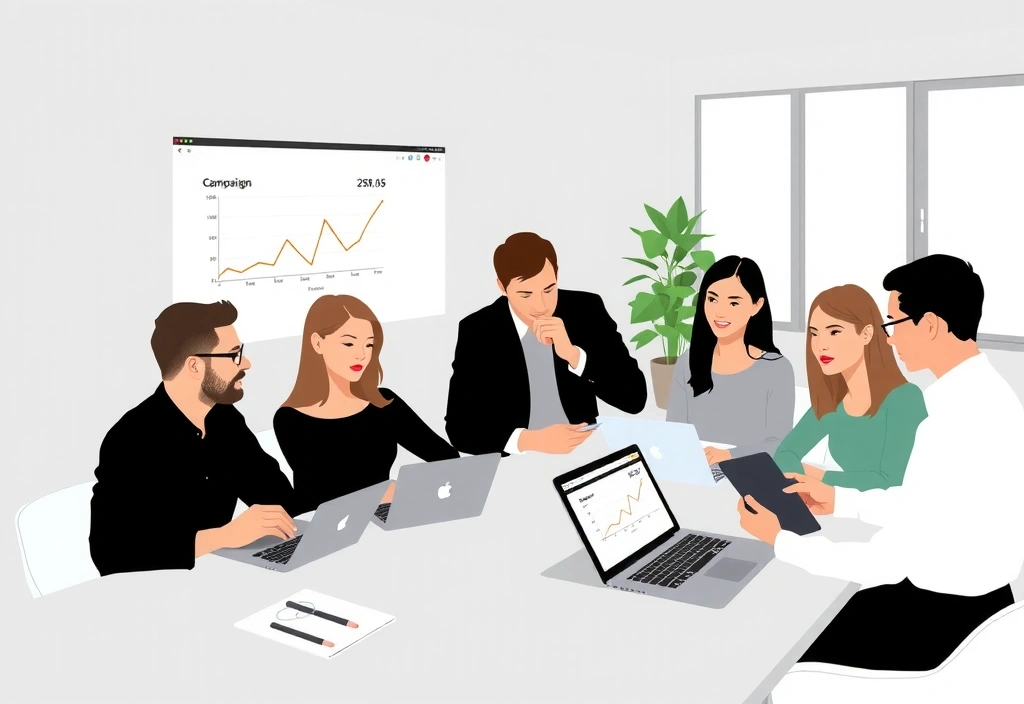 Professional marketing team analyzing campaign performance on digital devices