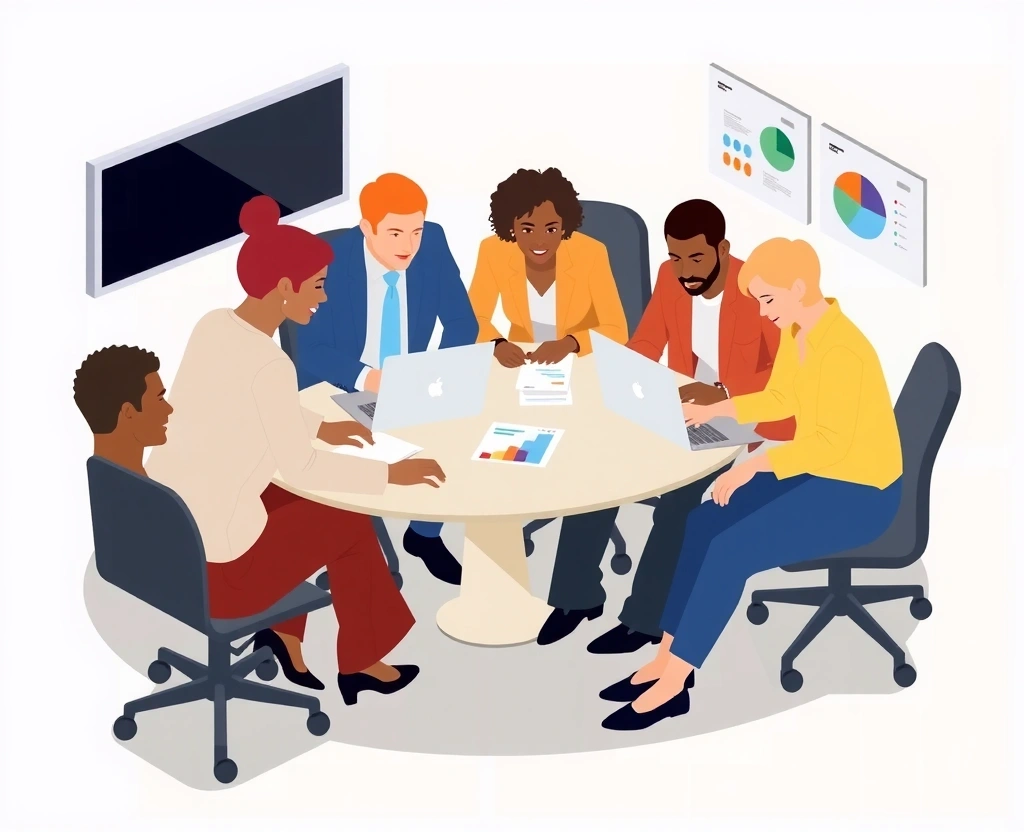 Professional marketing team collaborating around a conference table with laptops and charts