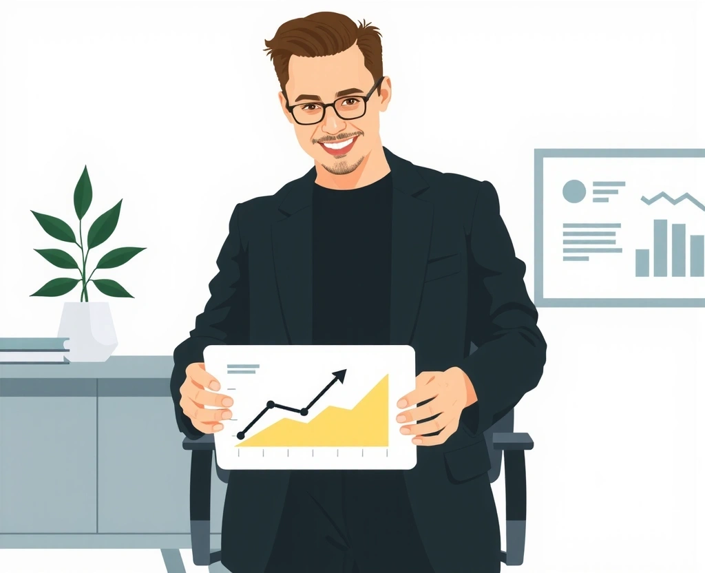 Satisfied business owner reviewing marketing campaign results on tablet in modern office